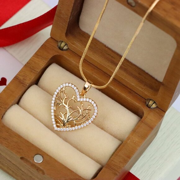 "Rose Gold Heart Pendant with Tree of Life Design and Crystal Border, XPPT1480 - Picture 6 of 12